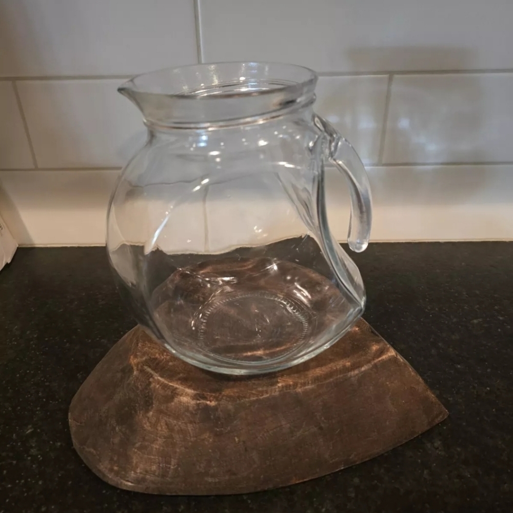 Vintage clear glass handled ball pitcher fishbowl shaped made in italy